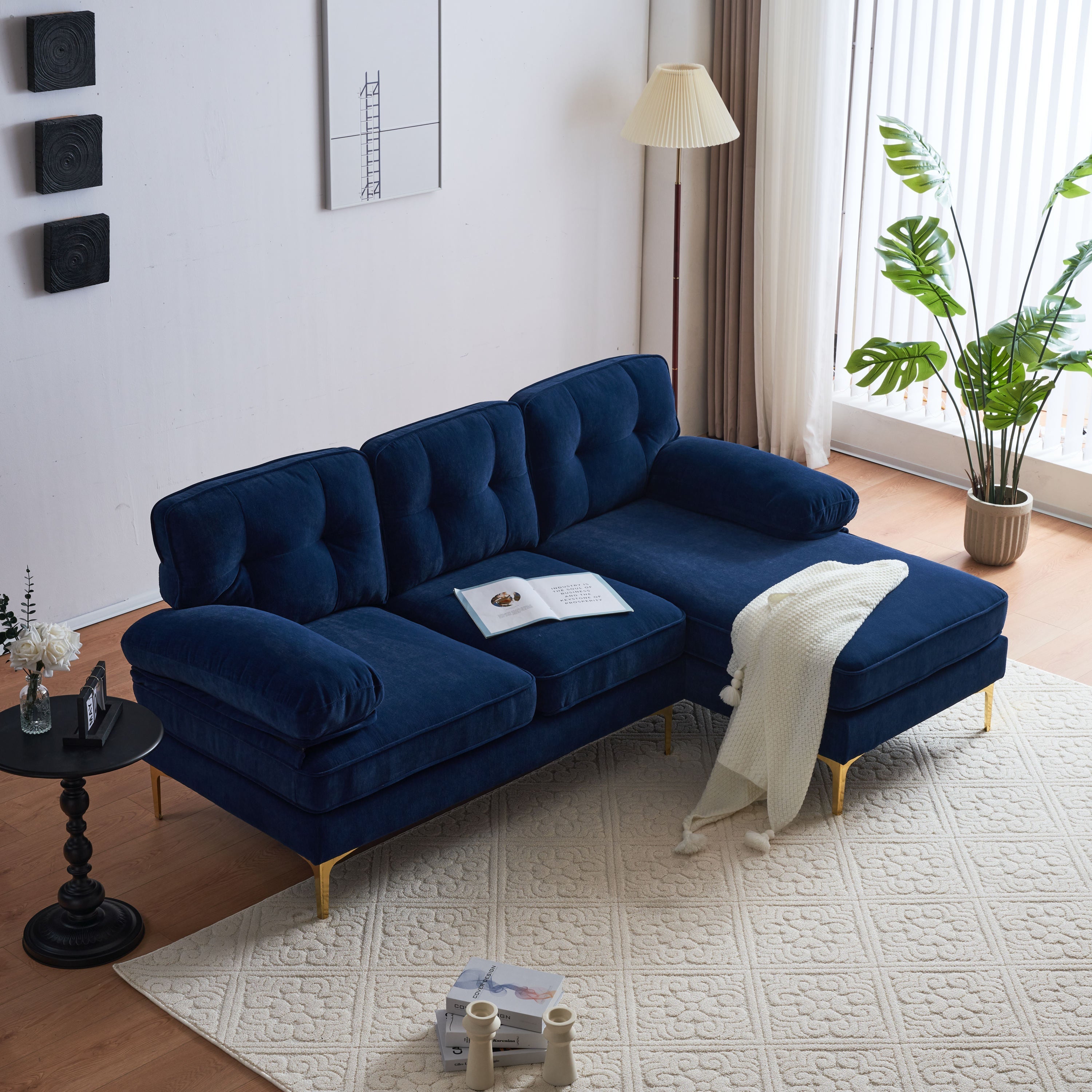 Modern Velvet L-Shaped Sectional Sofas for Living Room, Bedroom | Stylish and Comfortable | Blue | Ideal Addition to Your Home Decor-American Furniture Outlet -American Furniture Outlet