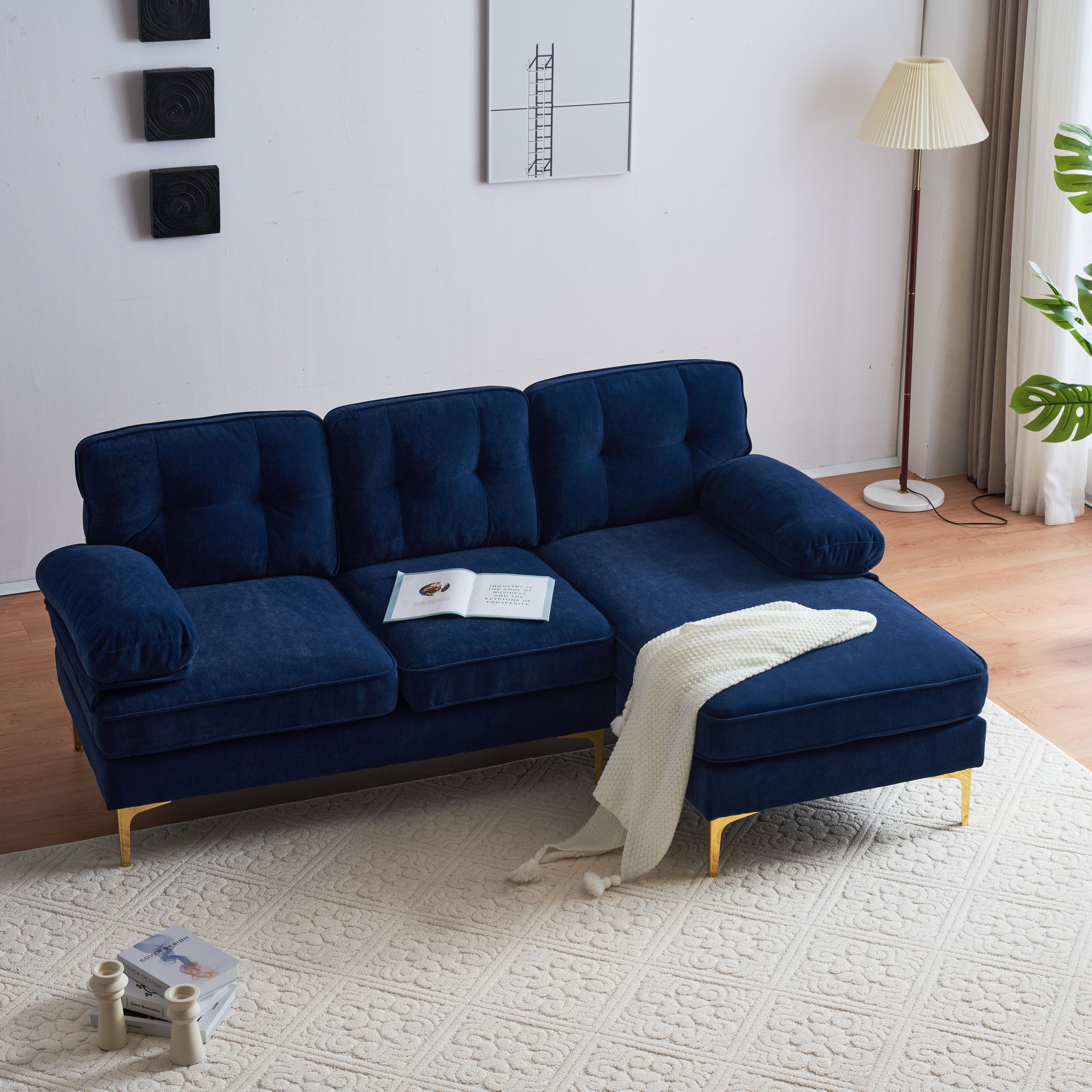 Modern Velvet L-Shaped Sectional Sofas for Living Room, Bedroom | Stylish and Comfortable | Blue | Ideal Addition to Your Home Decor-American Furniture Outlet -American Furniture Outlet