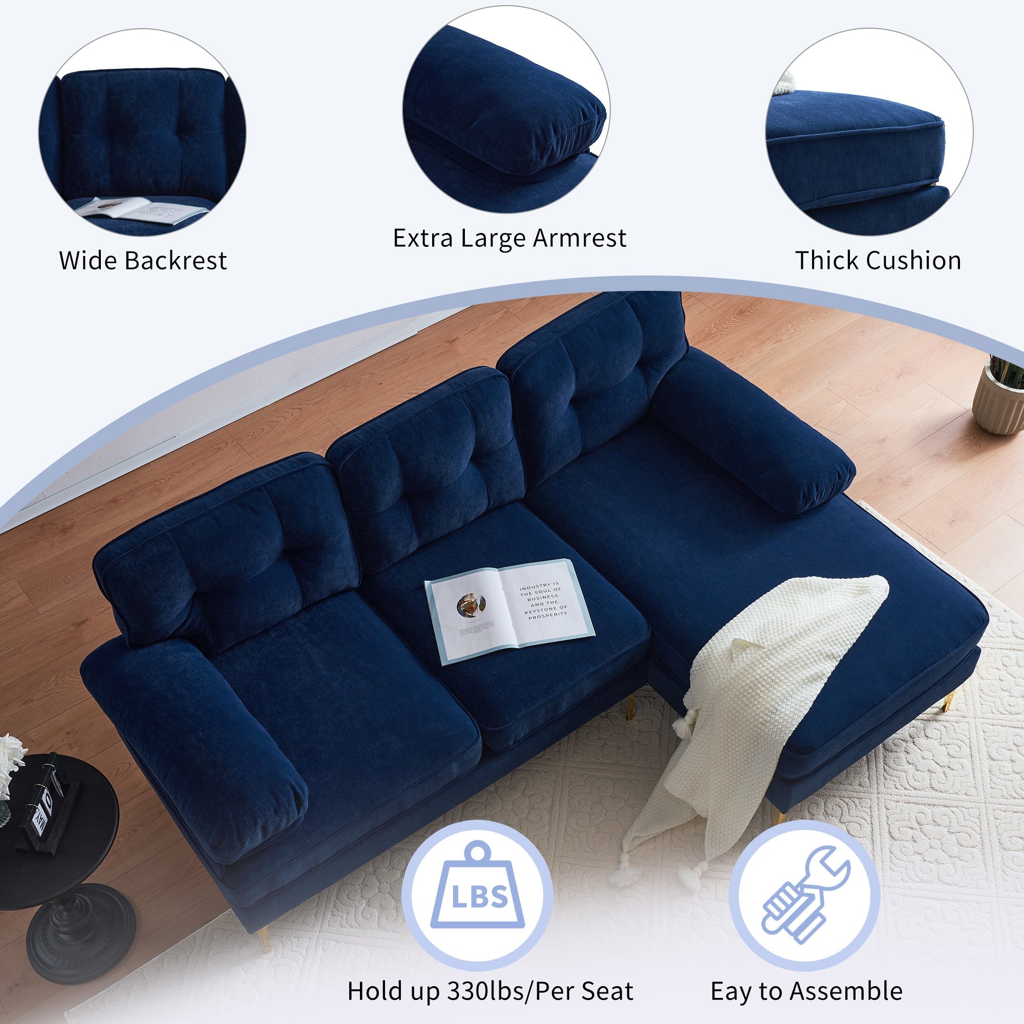 Modern Velvet L-Shaped Sectional Sofas for Living Room, Bedroom | Stylish and Comfortable | Blue | Ideal Addition to Your Home Decor-American Furniture Outlet -American Furniture Outlet