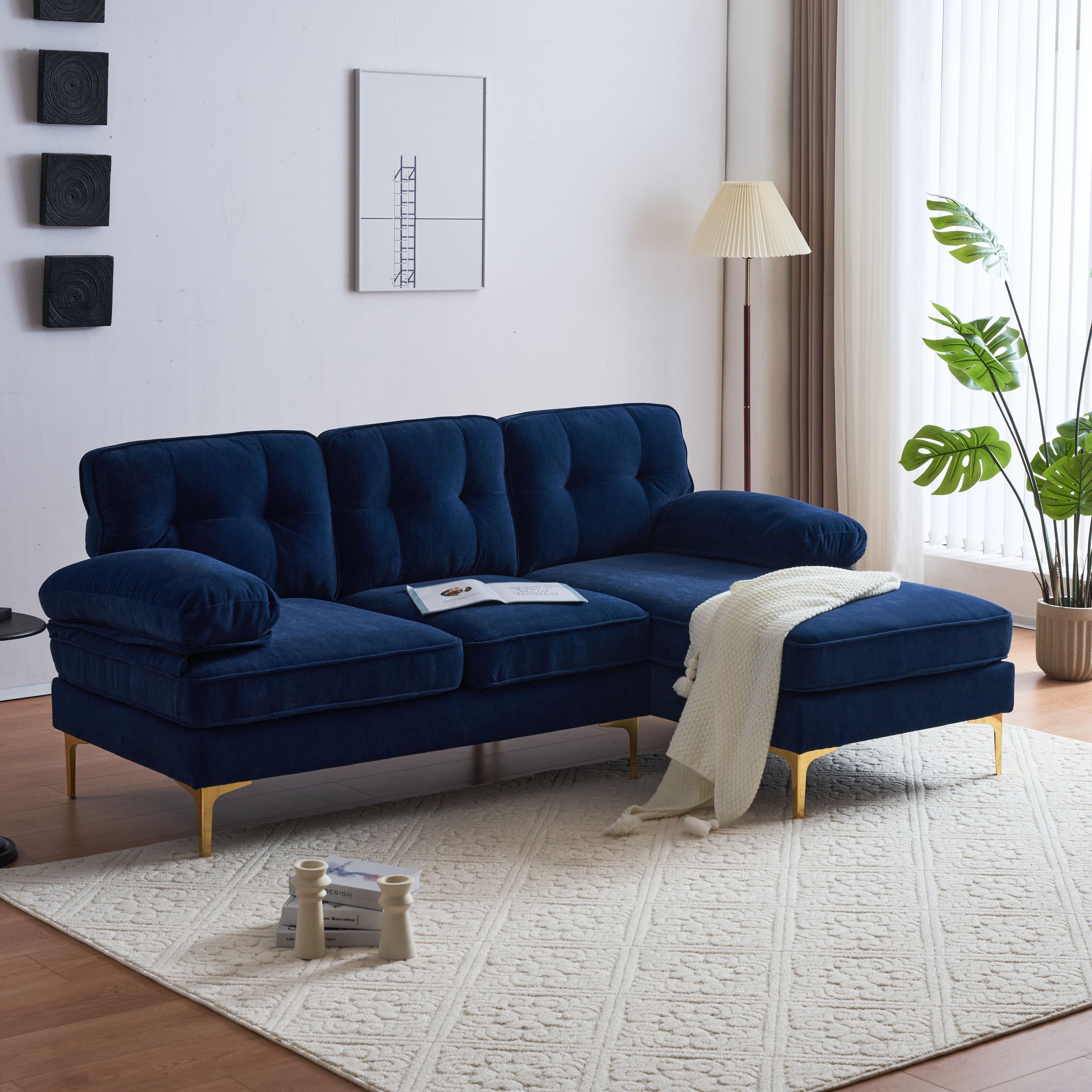 Modern Velvet L-Shaped Sectional Sofas for Living Room, Bedroom | Stylish and Comfortable | Blue | Ideal Addition to Your Home Decor-American Furniture Outlet -American Furniture Outlet