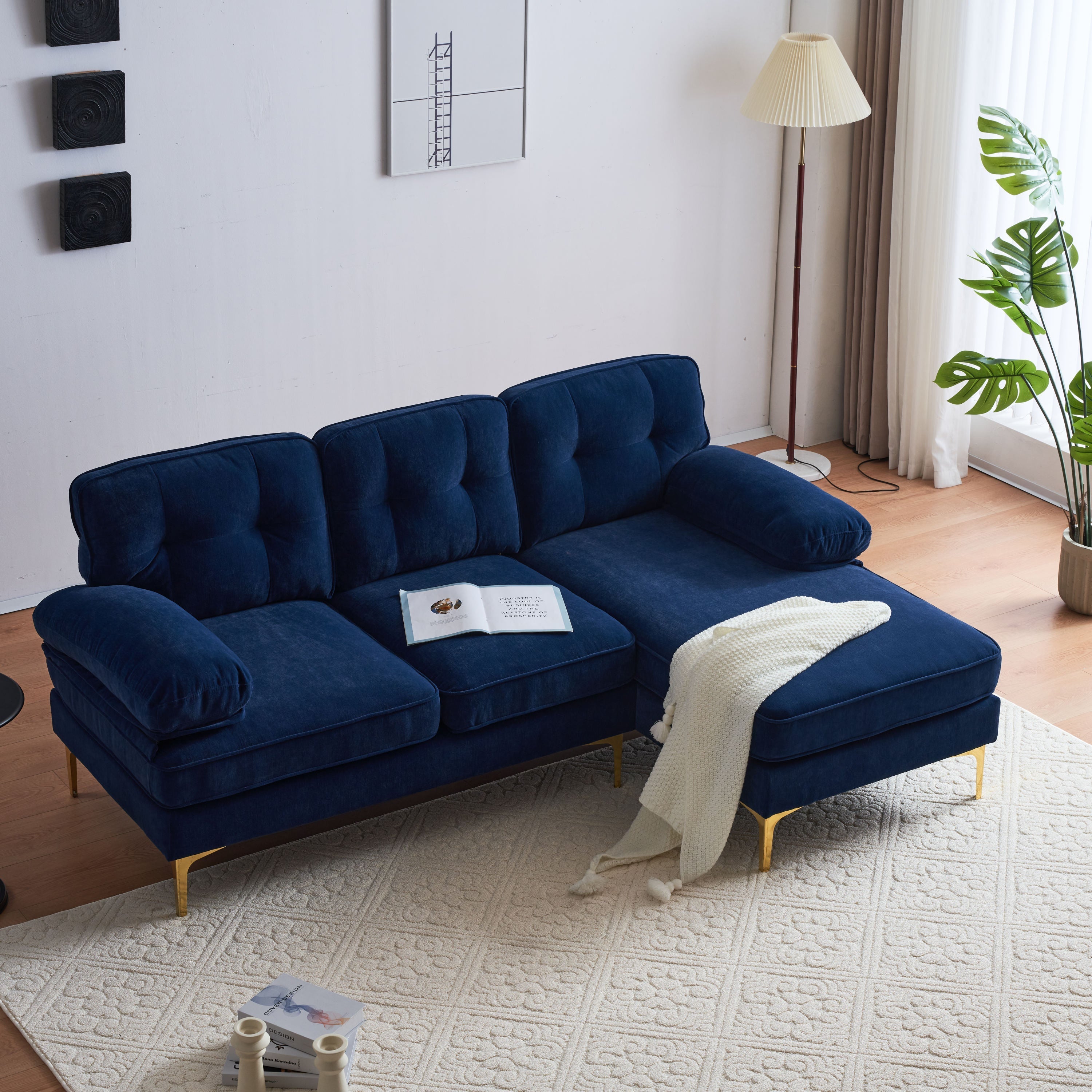 Modern Velvet L-Shaped Sectional Sofas for Living Room, Bedroom | Stylish and Comfortable | Blue | Ideal Addition to Your Home Decor-American Furniture Outlet -American Furniture Outlet