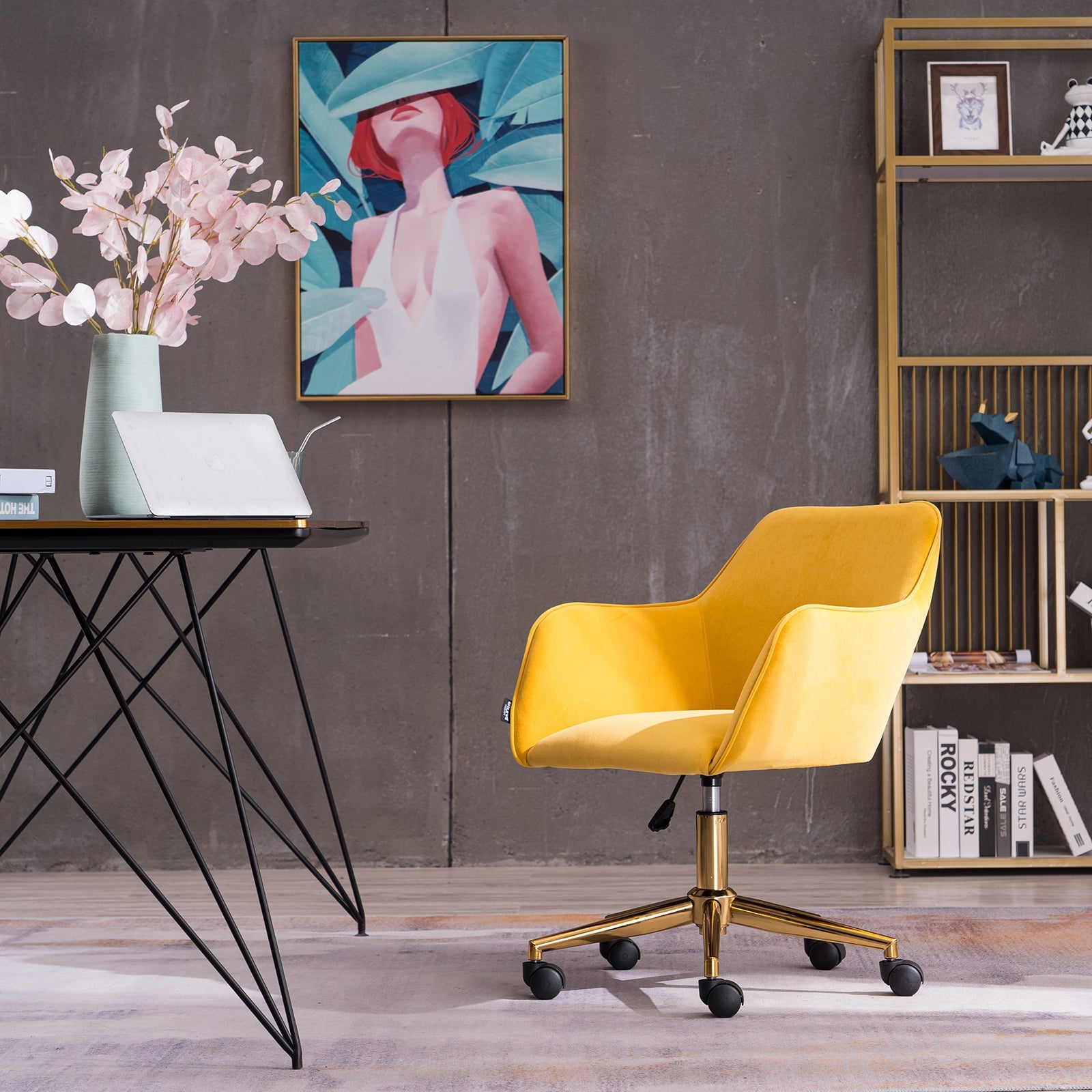 Modern Velvet Office Chair with Gold Metal Legs - Yellow-American Furniture Outlet