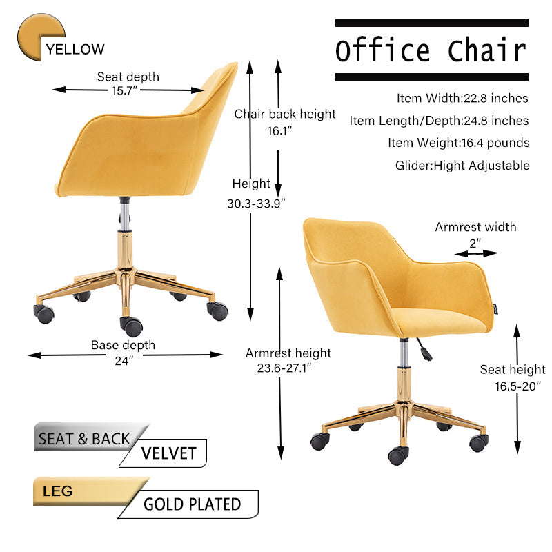 Modern Velvet Office Chair with Gold Metal Legs - Yellow-American Furniture Outlet