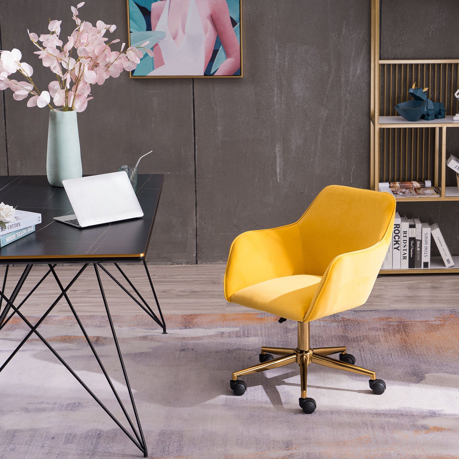 Modern Velvet Office Chair with Gold Metal Legs - Yellow-American Furniture Outlet