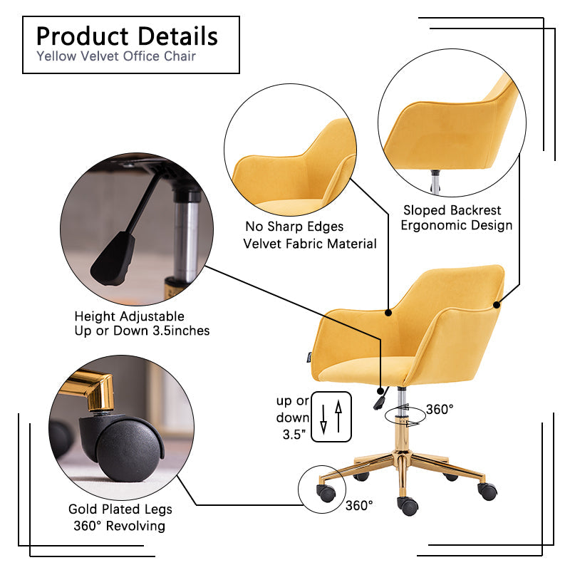 Modern Velvet Office Chair with Gold Metal Legs - Yellow-American Furniture Outlet