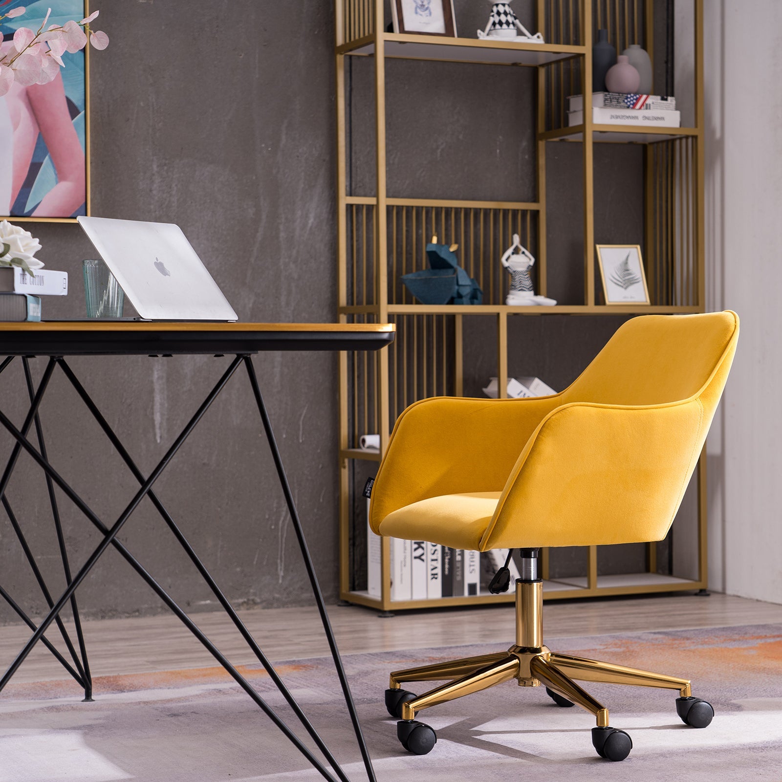 Modern Velvet Office Chair with Gold Metal Legs - Yellow-American Furniture Outlet