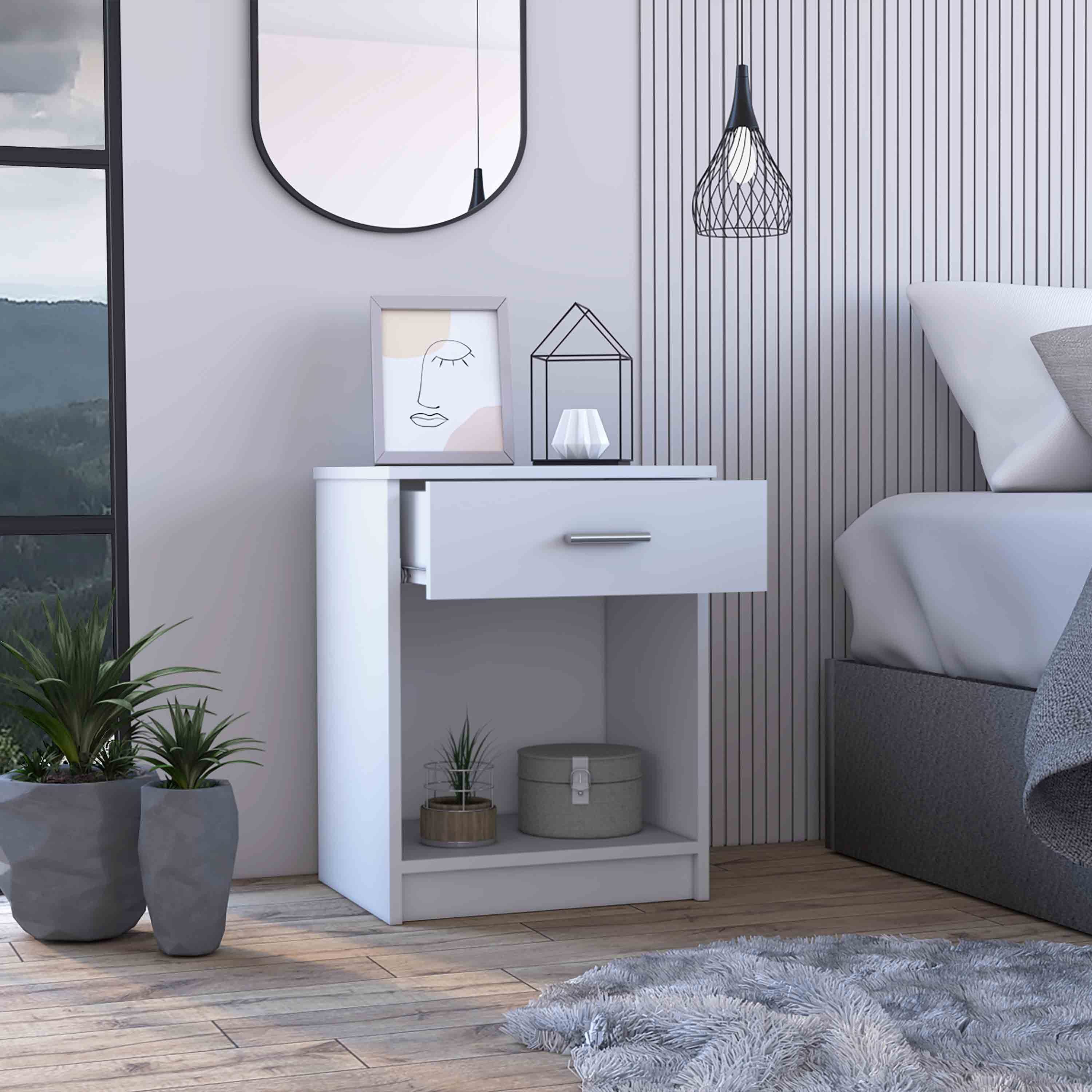 Modern White Nightstand w/ Drawer & Shelf-American Furniture Outlet