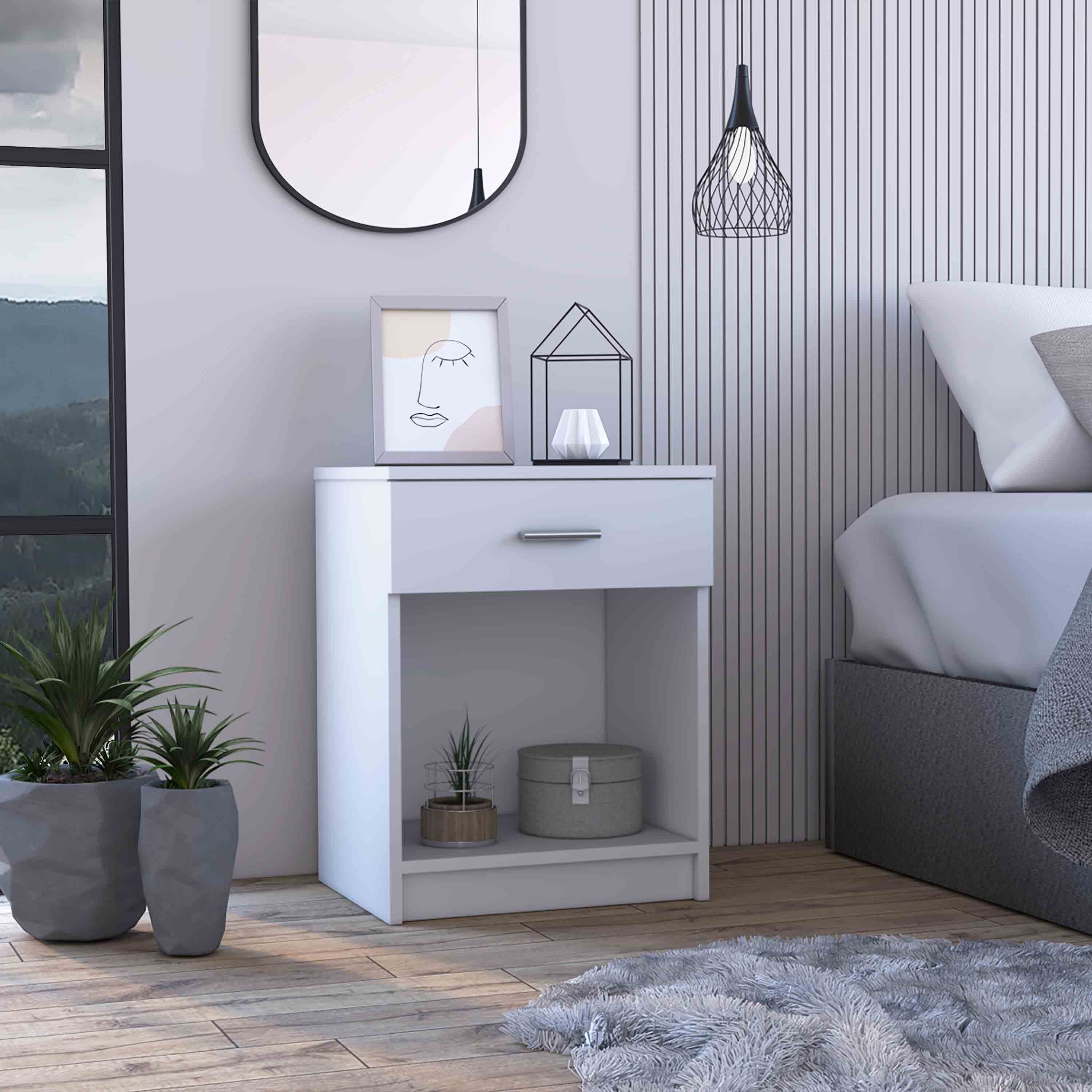 Modern White Nightstand w/ Drawer & Shelf-American Furniture Outlet