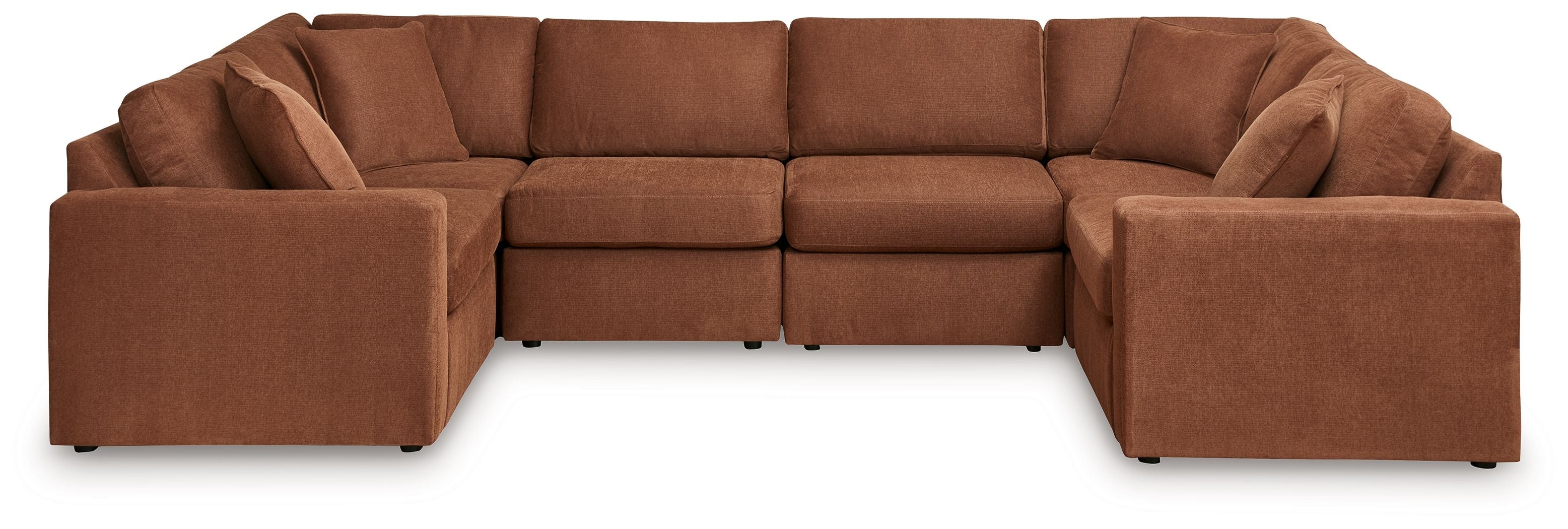 Brown modular U-shaped sectional sofa with cushioned backs and chaise armrests