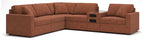 Modular sectional sofa in rust brown fabric with corner chaise and wide seat cushions