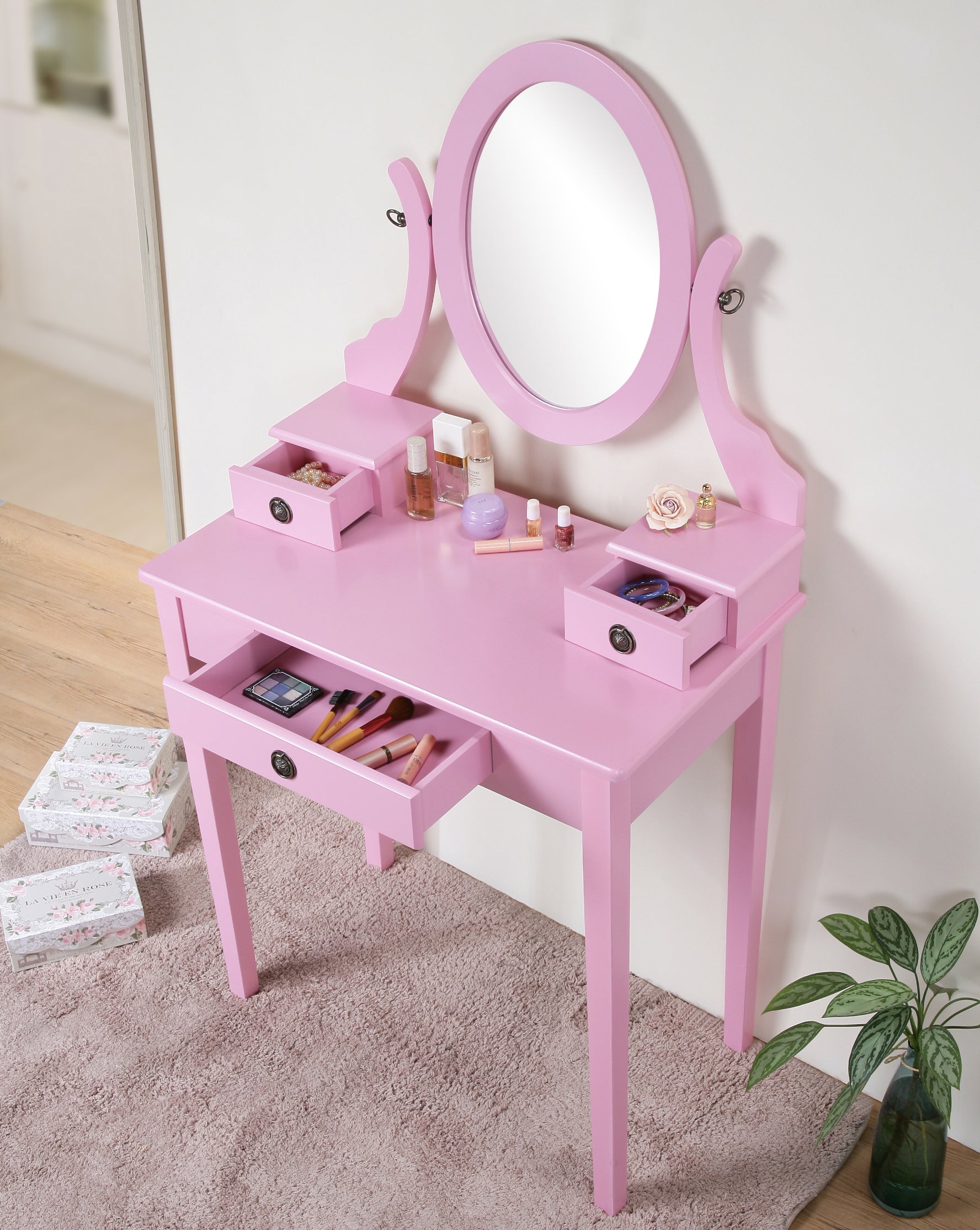 Moniya Pink Vanity Set w/ Stool | Makeup Table & Mirror-American Furniture Outlet