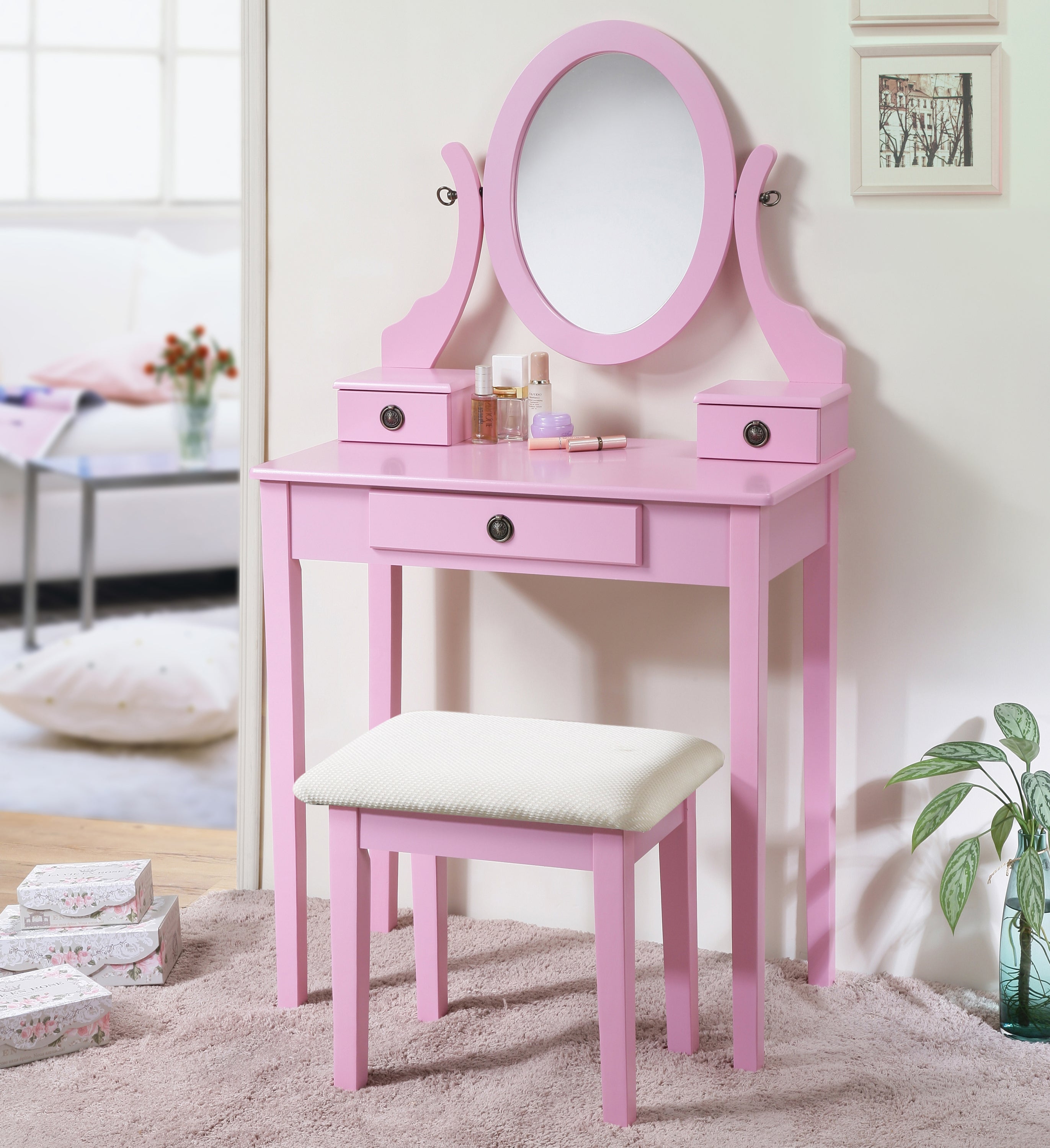 Moniya Pink Vanity Set w/ Stool | Makeup Table & Mirror-American Furniture Outlet