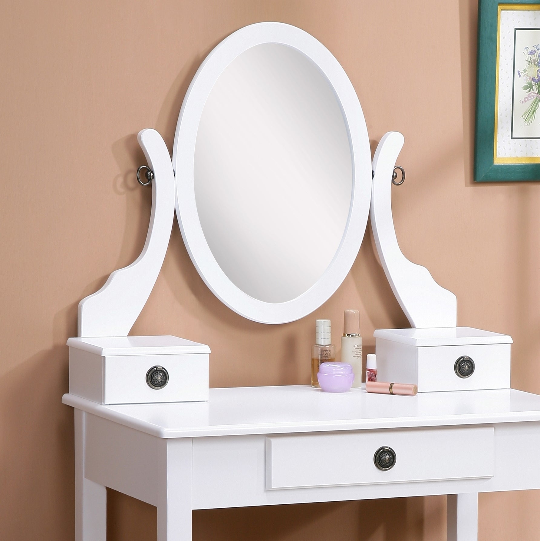 Moniya White Makeup Vanity Table & Stool Set-American Furniture Outlet