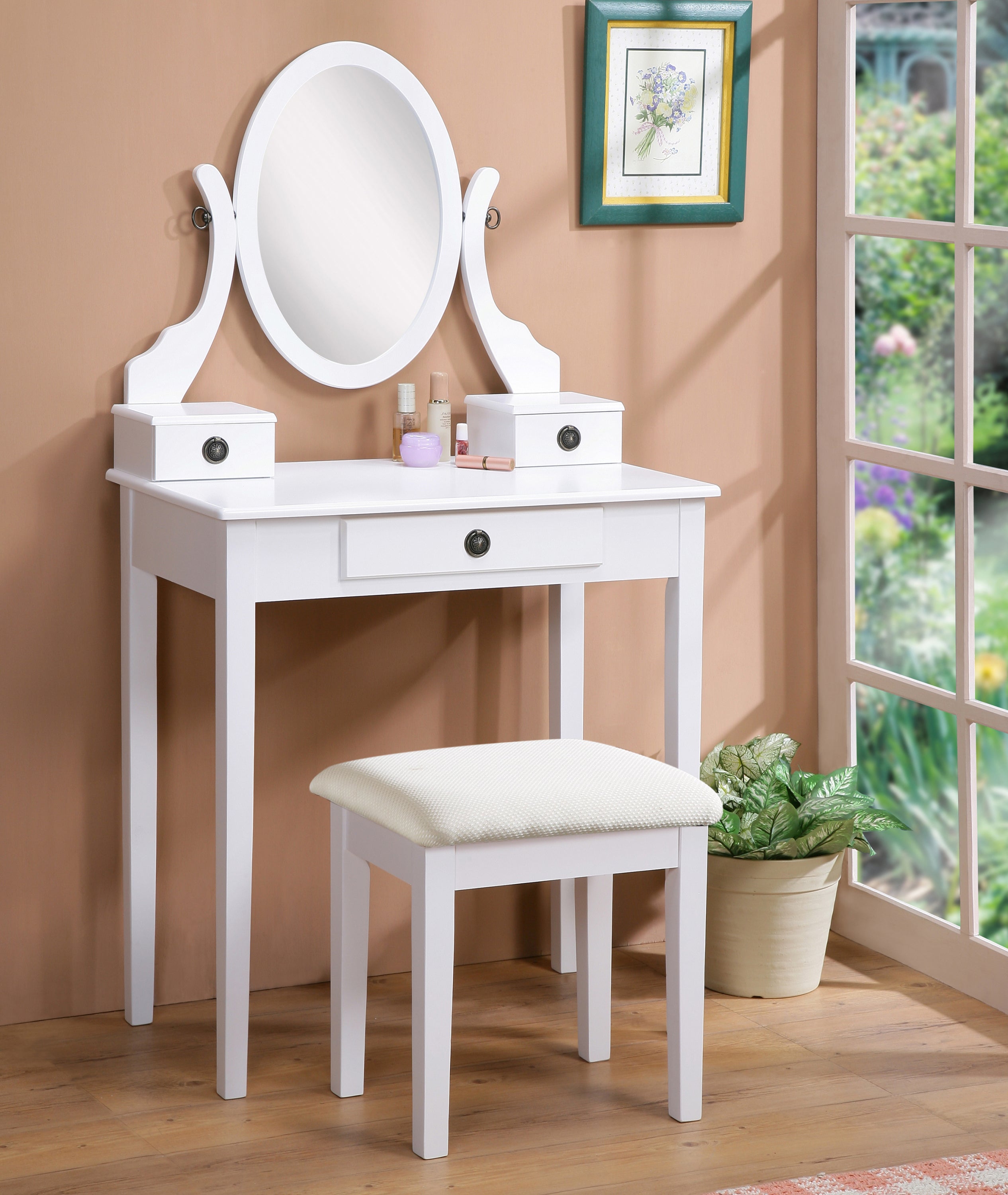 Moniya White Makeup Vanity Table & Stool Set-American Furniture Outlet