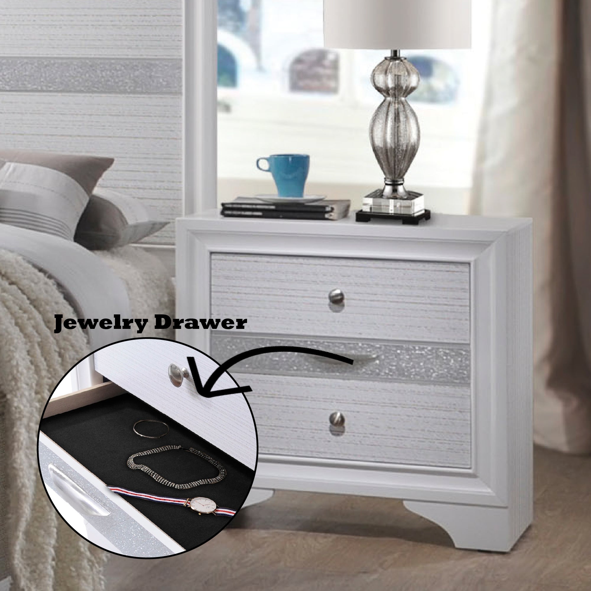 Naima White Nightstand - Modern Bedside Table-American Furniture Outlet