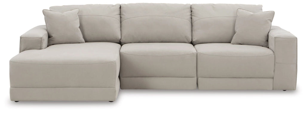 Light gray sectional sofa with chaise section, three-seat back, boxy arms and seat cushions