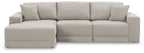 Light gray sectional sofa with chaise section, three-seat back, boxy arms and seat cushions