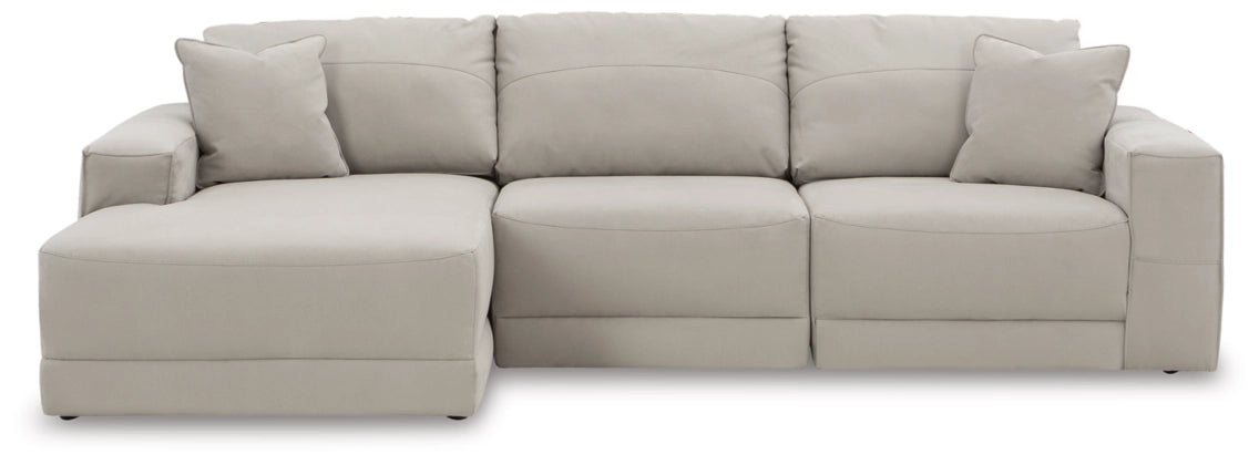 Light gray sectional sofa with chaise section, three-seat back, boxy arms and seat cushions