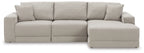 Light gray sectional sofa with chaise end, boxy arms, and padded back cushions