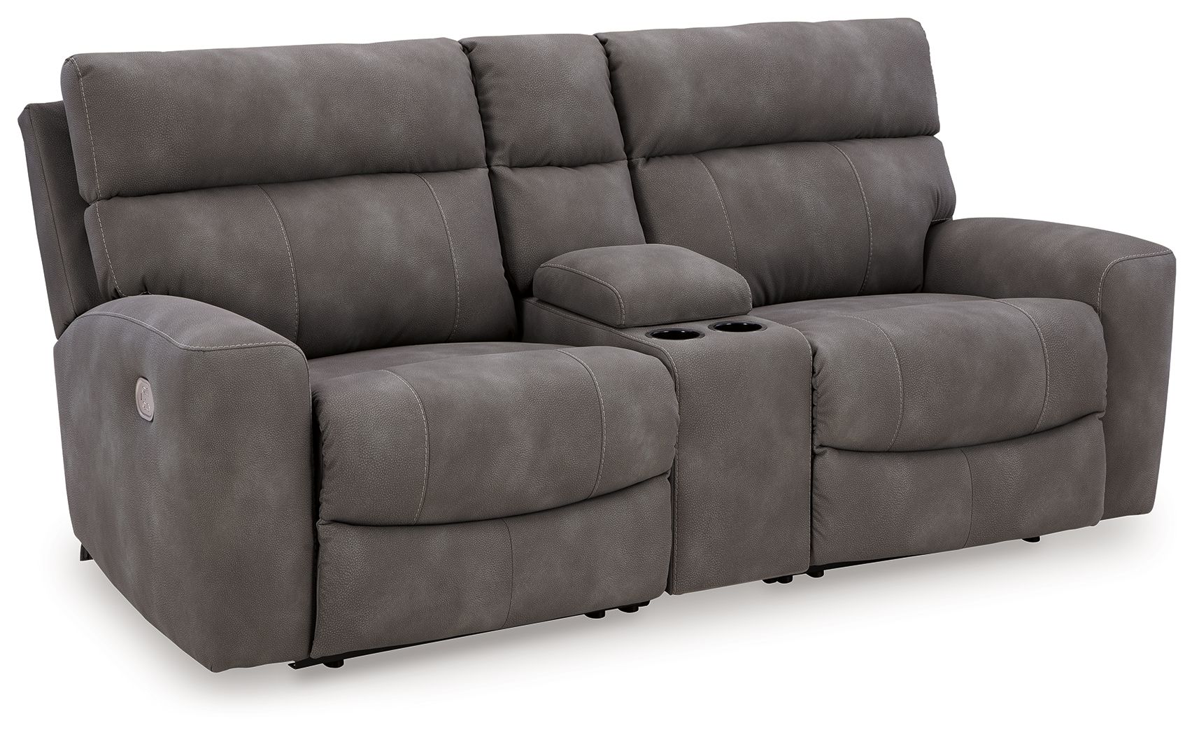 Charcoal gray power reclining loveseat section with padded headrest backs and armrests