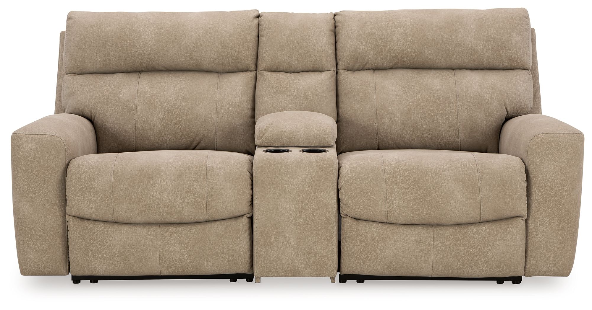 Light sand beige power reclining sofa with split center back and padded arms
