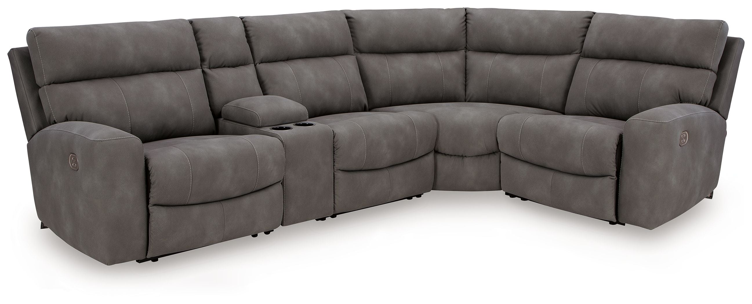 Dark slate gray power reclining sectional sofa with curved armrests and tufted cushions