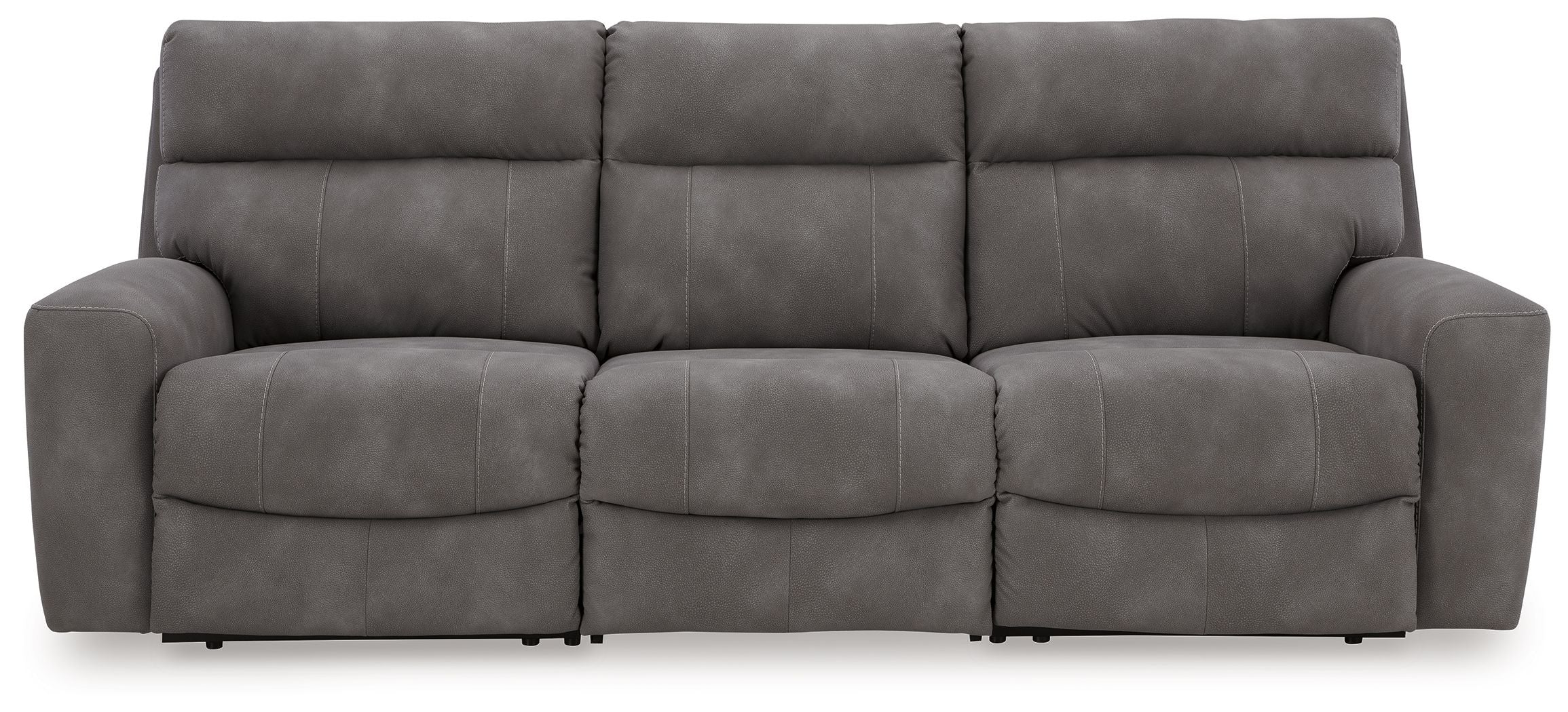 Slate gray power reclining sectional sofa with three seat sections and padded back cushions