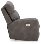 Slate gray power reclining sectional loveseat chair with cushioned armrest and control panel