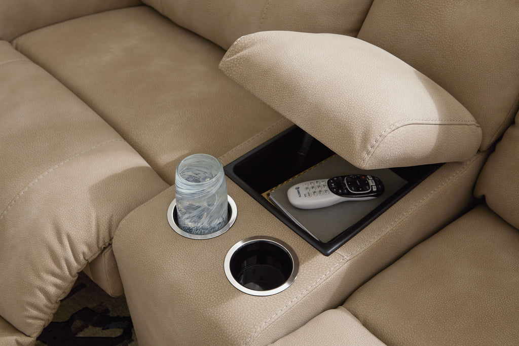 Beige power reclining sectional seat with built-in cup holder and media pocket in arm
