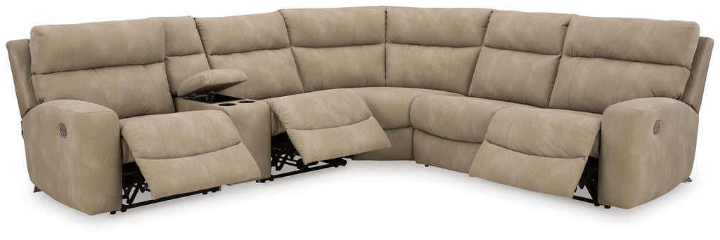 Sand beige modular power reclining sectional sofa with corner chaise and padded armrests