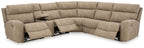 Sand beige modular power reclining sectional sofa with corner chaise and padded armrests