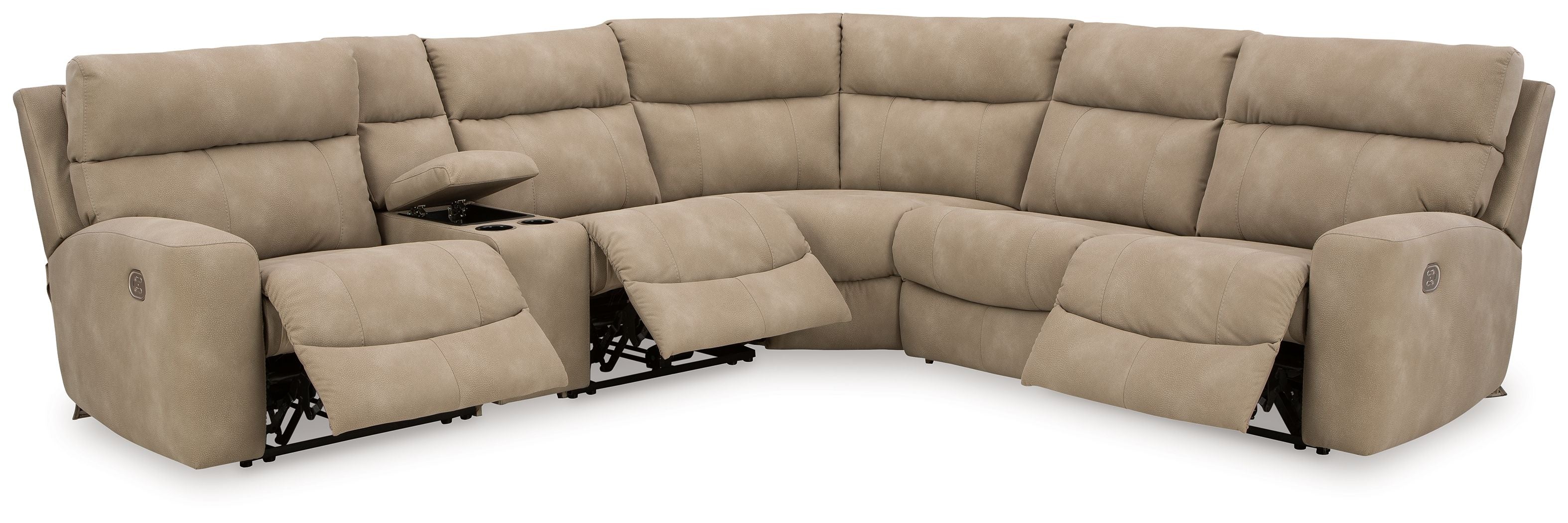 Sand beige modular power reclining sectional sofa with corner chaise and padded armrests