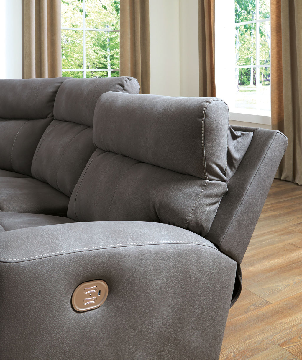 Slate gray power reclining sectional corner seat with side control button and rounded arm