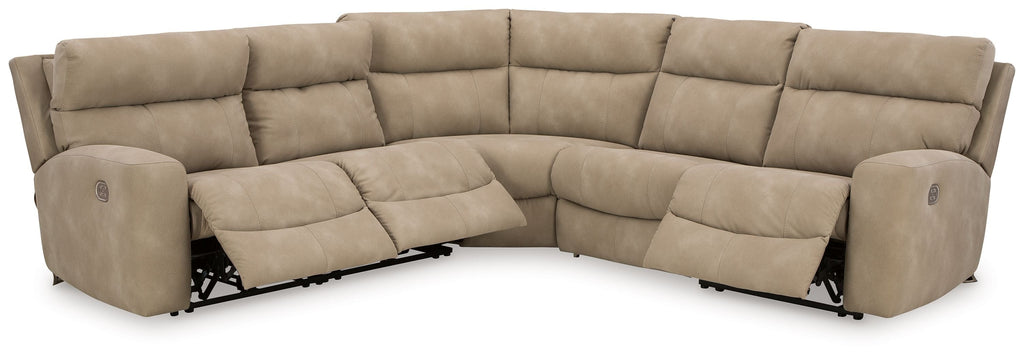 Sand beige corner power reclining sectional with padded back, seat cushions, and side control panels