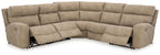Sand beige corner power reclining sectional with padded back, seat cushions, and side control panels