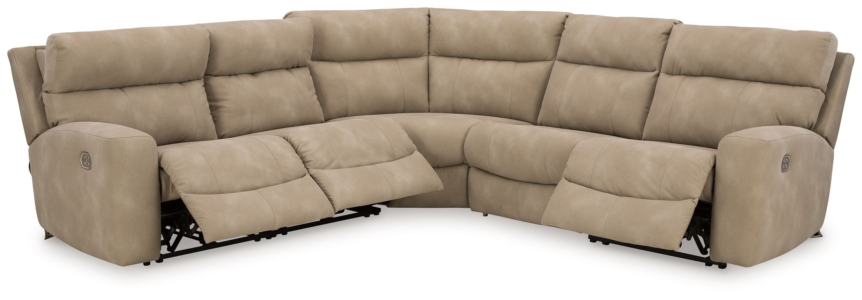 Sand beige corner power reclining sectional with padded back, seat cushions, and side control panels