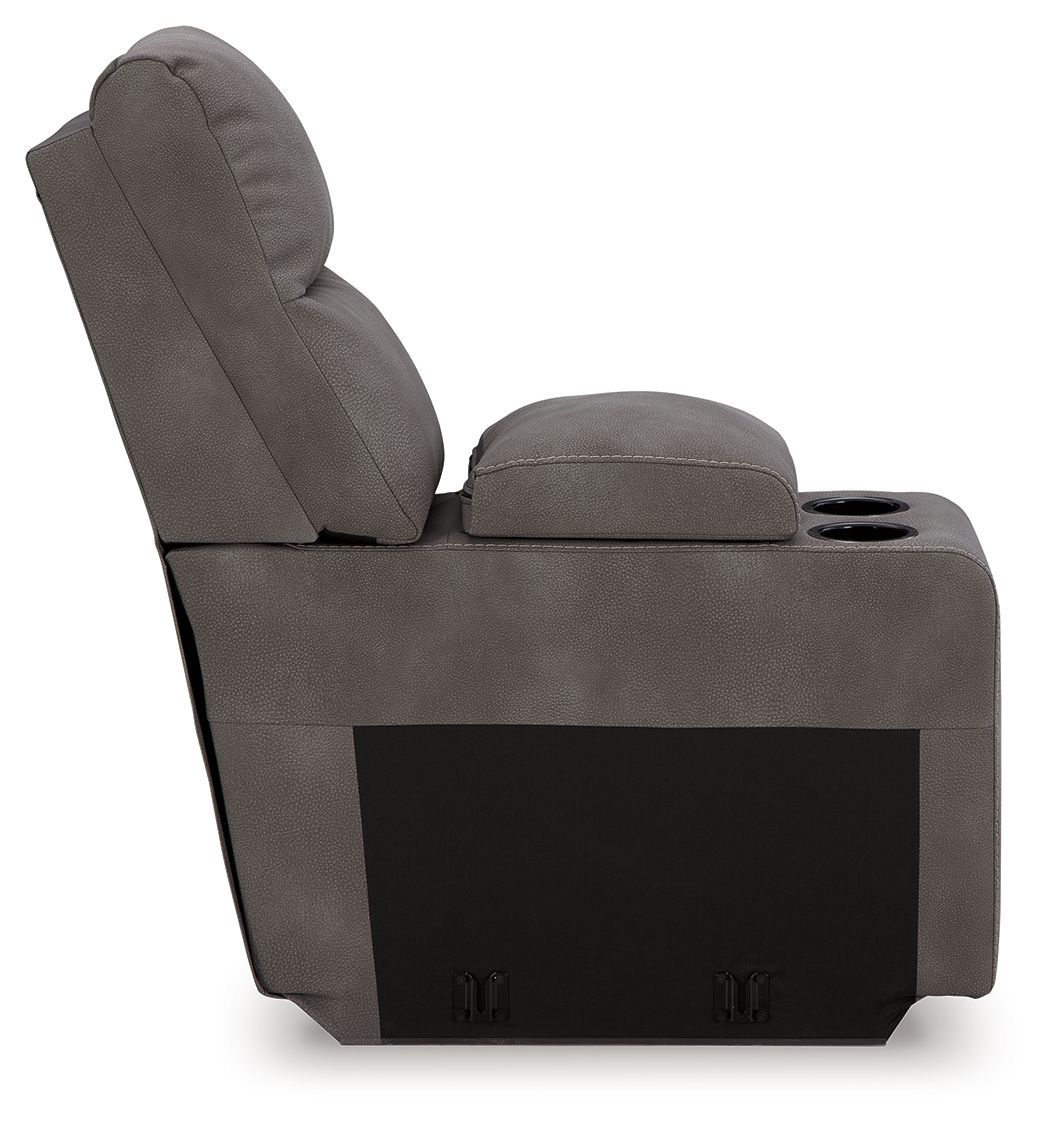 Slate gray power reclining sectional chair back with open lower compartment and cup holder