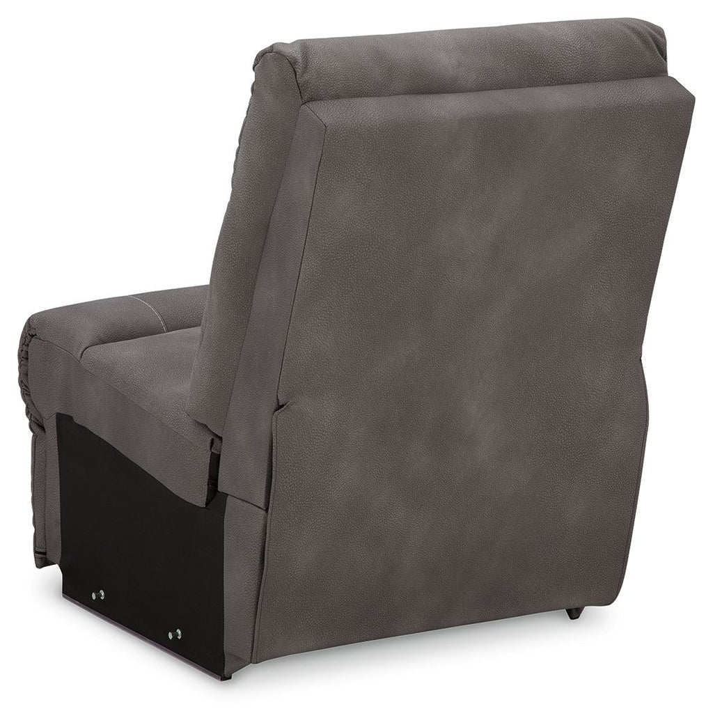 Slate gray power reclining sectional chair with tall padded back and recline footrest