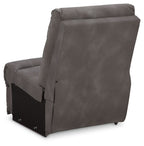 Slate gray power reclining sectional chair with tall padded back and recline footrest