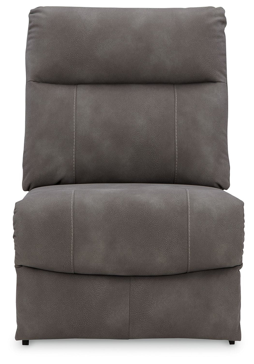 Power reclining loveseat with two padded backs and track-style stitching, dark gray