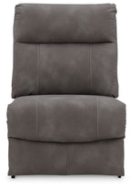 Power reclining loveseat with two padded backs and track-style stitching, dark gray
