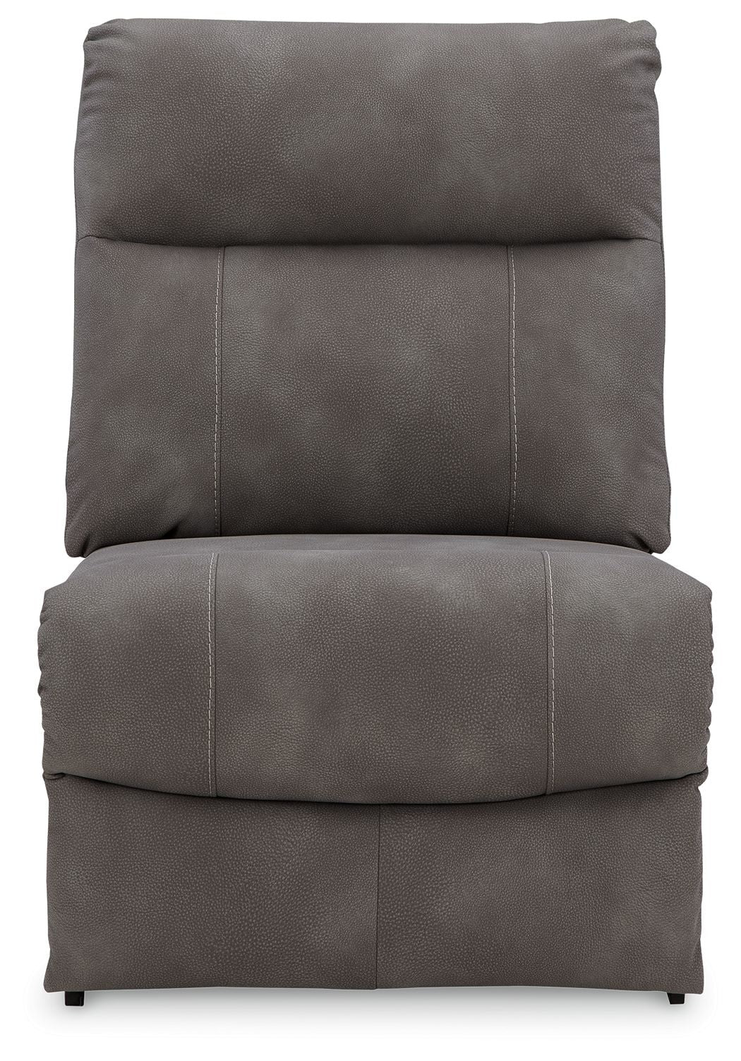 Power reclining loveseat with two padded backs and track-style stitching, dark gray
