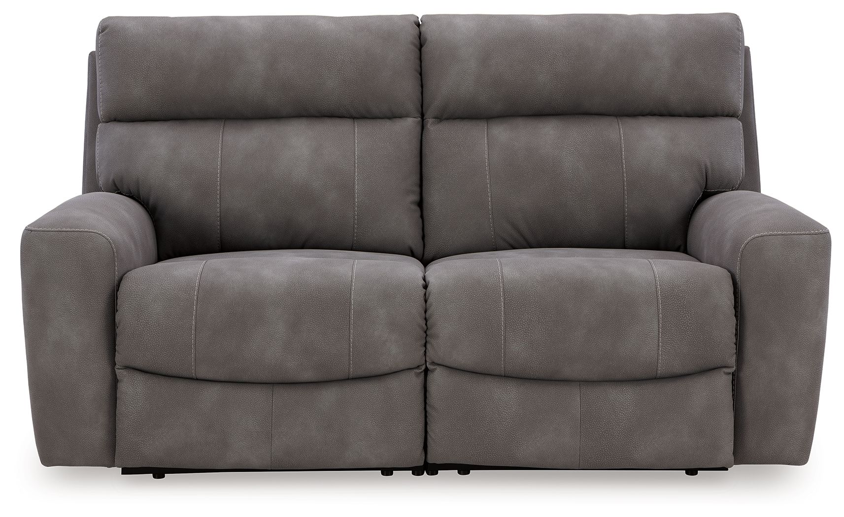 Dark gray power reclining loveseat sofa with two padded seats