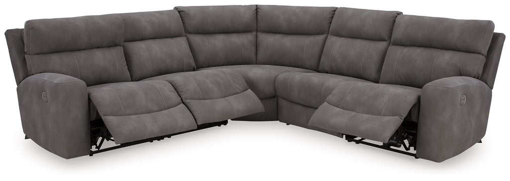 L-shaped power reclining sectional with chaise-style seats, dark gray upholstery