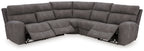 L-shaped power reclining sectional with chaise-style seats, dark gray upholstery