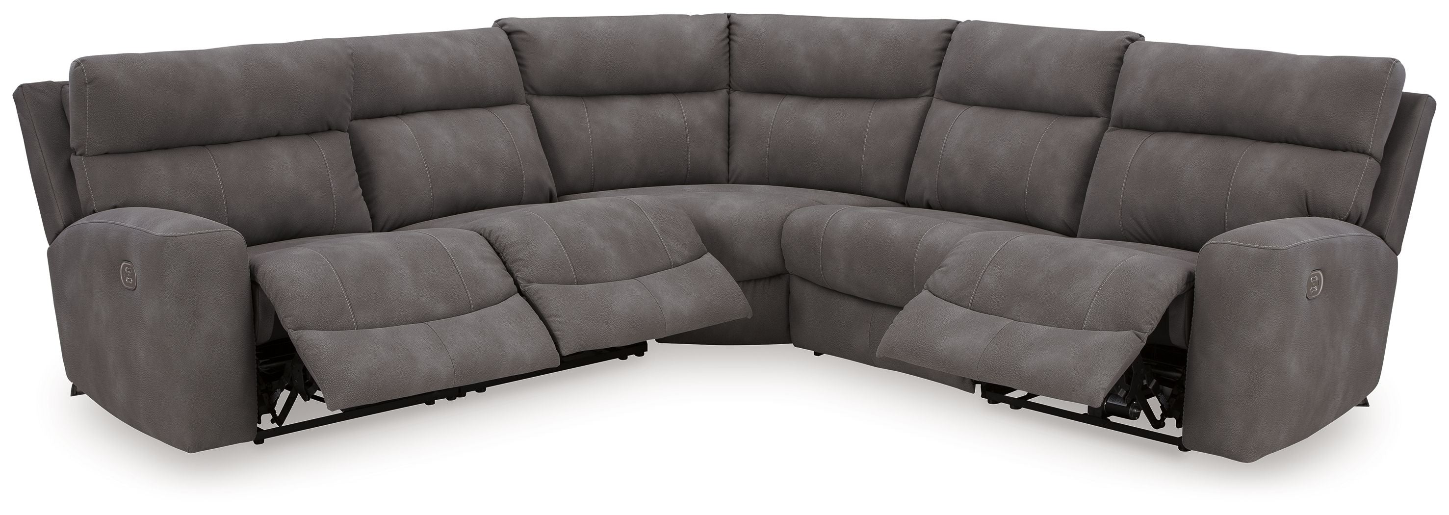 L-shaped power reclining sectional with chaise-style seats, dark gray upholstery