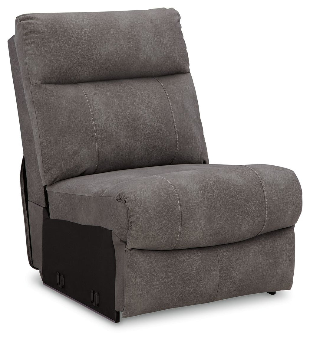 Power reclining chair in dark gray with padded headrest, arms, and seat