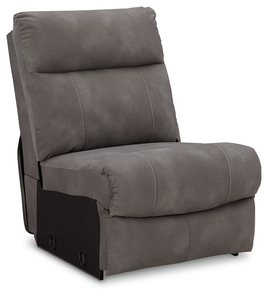 Power reclining chair in dark gray with padded headrest, arms, and seat