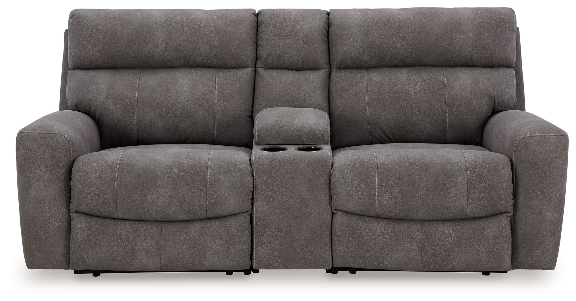 Power reclining sofa with three padded seats and chaise footrests, dark gray upholstery
