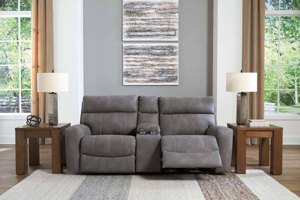 Power reclining sofa with padded arms and center console pad, dark gray fabric